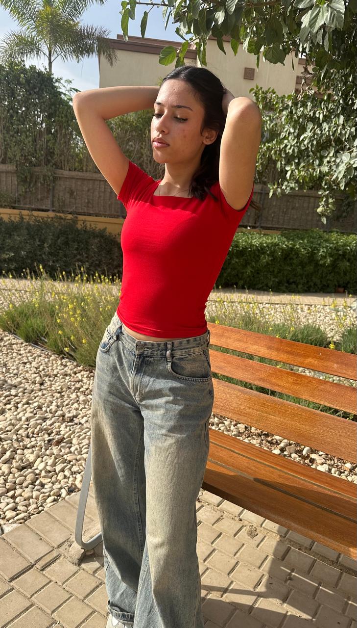 Red Squared Neck Top