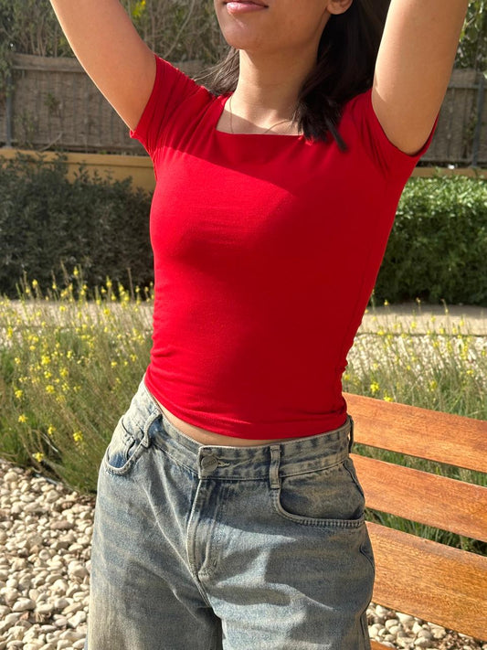 Red Squared Neck Top